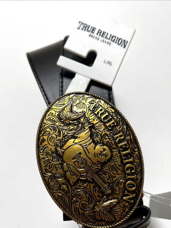 NWT True Religion Buddha Guitar Oval Buckle Black Belt Western PU Black main image 5